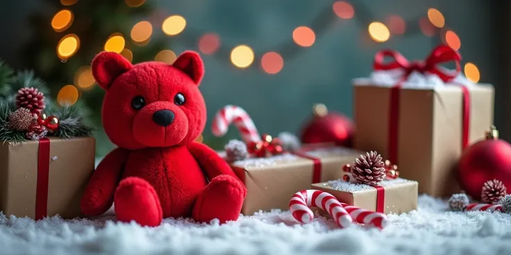 A festive Christmas scene with wrapped gifts, candy canes, and big name "Gustavo" a red plush toy, and holiday decorations on a snowy surface against a blurred background of colorful lights. Big name Gustavo