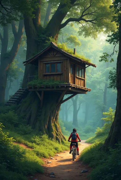 The Hidden Clearing and the Unexpected Discovery"

Narrative: After what feels like an eternity of cycling through the dense forest, they reach a hidden clearing. In the center of the clearing stands an old, abandoned treehouse, its wood weathered by years...