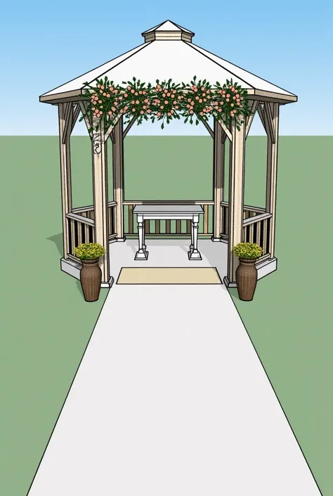 create a 2d image of the following layout;

Height:  Approximately 2 , 8 meters

Width : 4, 24 meters

Positioning :

 Altar Table :  Centralized under the gazebo ,  with dimensions of 0 ,73 x 0 ,73 x 0 , 35 meter .

Mat:  Placed centrally in front of the ...