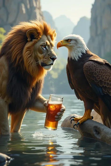 Lion giving away a drink. Ah an eagle  