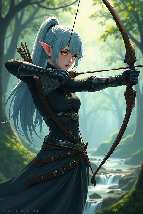  An anime Elf in a forest with a stream,  light blue hair,  golden eyes,  fair skin ,  black clothes ,  silver armor, aiming with an iron bow and arrow .