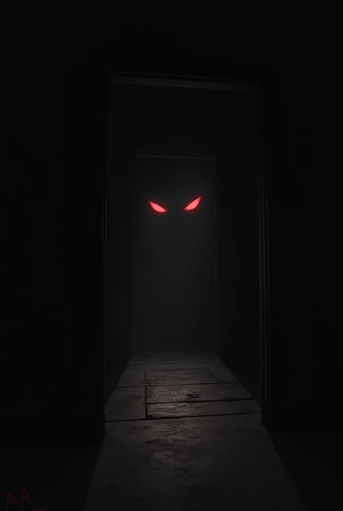 Image of a dark room in the back of the room has two red eyes 