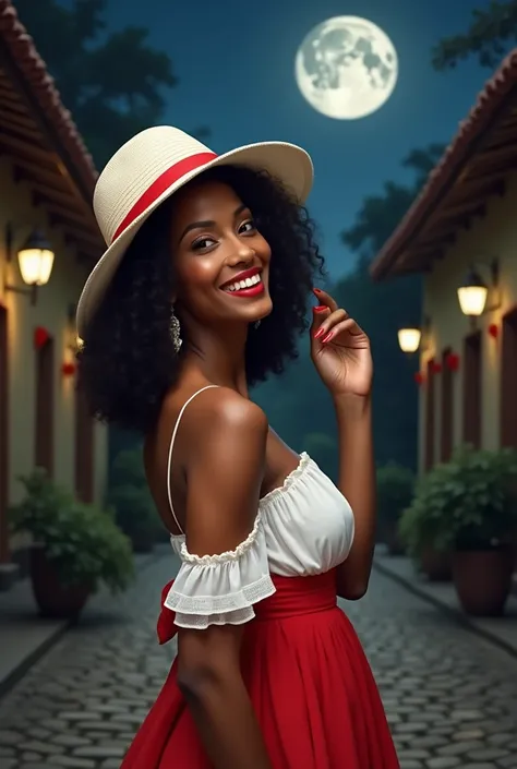 a black woman with dark skin and curly hair,  wearing a white Panama hat with a red stripe, and a white and red frilly dress.  She is standing in front of a nighttime setting with bows and a full moon in the sky.  Your expression is elegant and confident ....