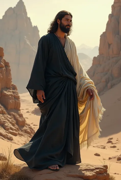 Jesus Christ wear a black dress and white long Shawl standing on top of a mountain in the desert