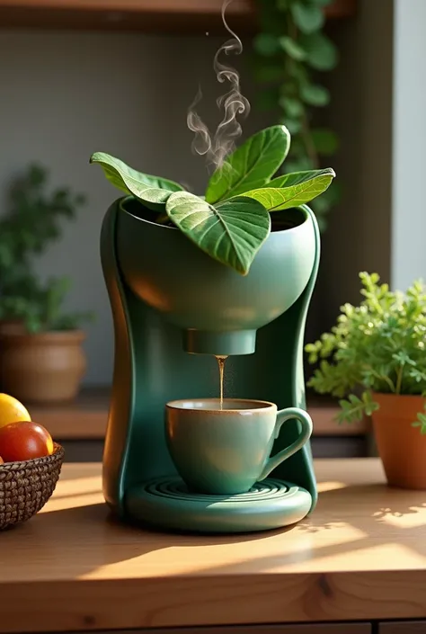 A coffee maker designed as a canopy of large tropical leaves, set on a warm wooden counter in a nature-inspired kitchen. The matte green leaves with glowing veins form the top, where water gently drips into a ceramic cup below. Subtle steam swirls rise, sh...