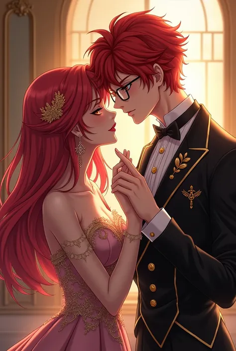 707 from the game Mystic messenger red hair , Glasses and golden eyes anime style being a bourgeoisie duke while kissing the hand of a lady 