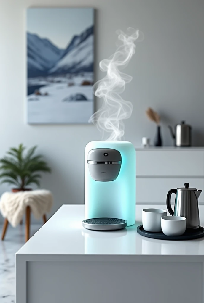 A sleek coffee maker inspired by Arctic glaciers, placed on a matte white countertop in a minimalist kitchen. The frosted, translucent body with glowing blue edges creates the appearance of frozen ice, while steam rises in swirling, wind-like shapes. The c...