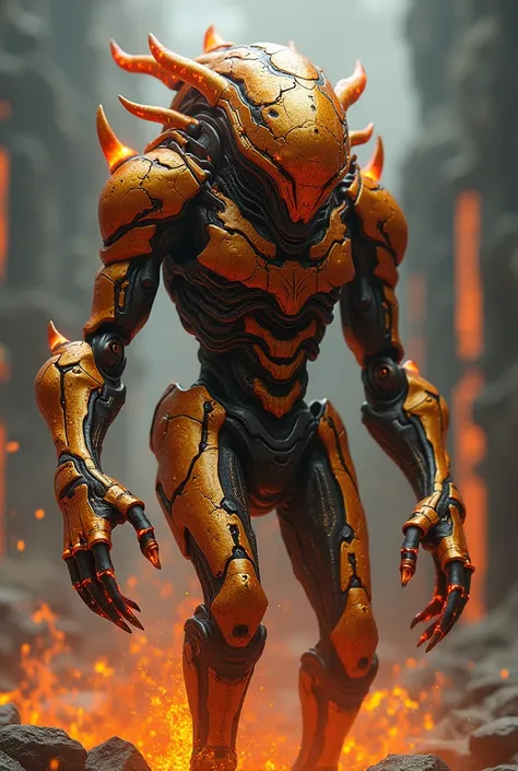  Alien iron plates whose body is composed of molten metal , with cracks that give off steam .  It is covered with ,  with visible joints that move fluidly.