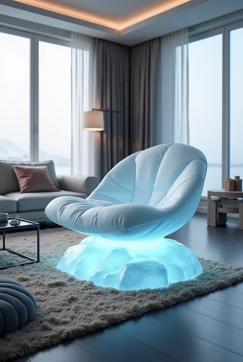 A sculptural chair designed as a floating iceberg, placed in a contemporary living room with Arctic-inspired decor. The frosted, translucent seat and backrest mimic layers of glacial ice, while the base, shaped like icy rocks, glows faintly with hidden LED...