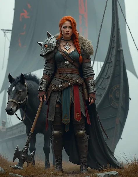 "Visualize a towering Viking warrior woman in her 20s, standing 6 feet tall with a powerful, toned physique (36B bust, 38-inch hips). She has fiery red hair braided loosely, icy blue eyes that pierce through the battlefield, and sun-kissed skin etched with...