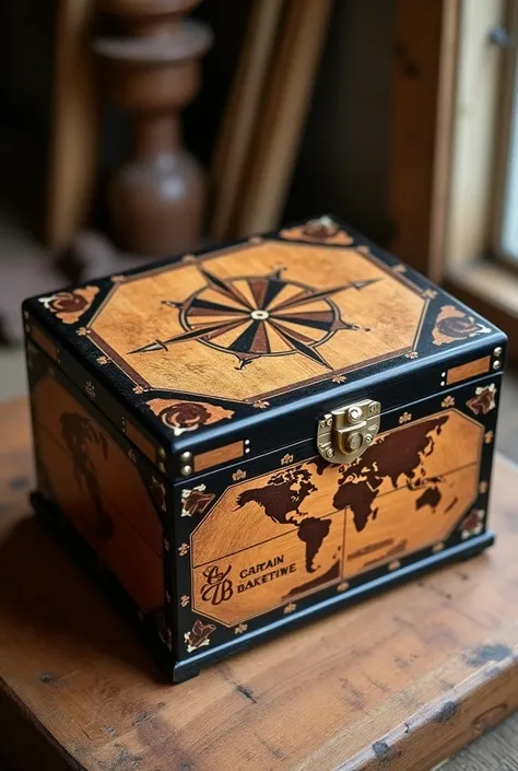 Design me a wooden box, of different woods, with tamaskin, marquetry and inlay, in ebony, walnut and chestnut. And inlaid with bone, With the inscription Captain Baketiwe.
And a compass rose on a world map.
The box is 10cm high by 25cm wide and 35cm long.
...