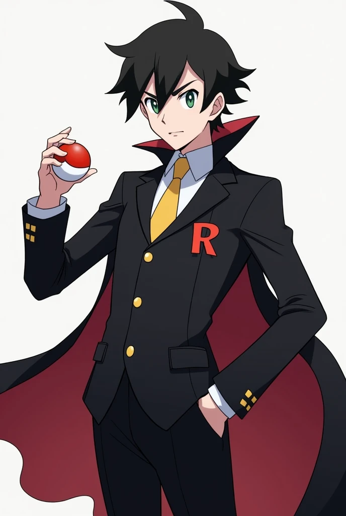 Create the image of a male Pokémon trainer with black hair , wearing black dress clothes with Team Rockets r symbol on the chest and a cape on the back. The trainer is holding a Pokéball with a serious expression on his face . The scene is dynamic, with a ...