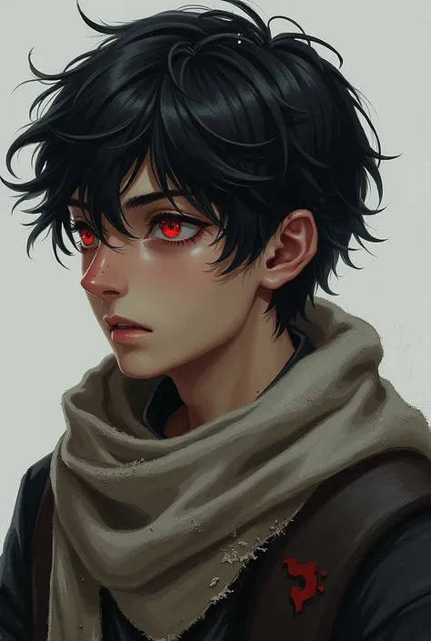 A young man with black hair, red eyes, he has a scar on the middle of his nose, he has a stoic expression with dead eyes as he looks to the right, he is wearing ragged clothing with a ragged scarf on his neck