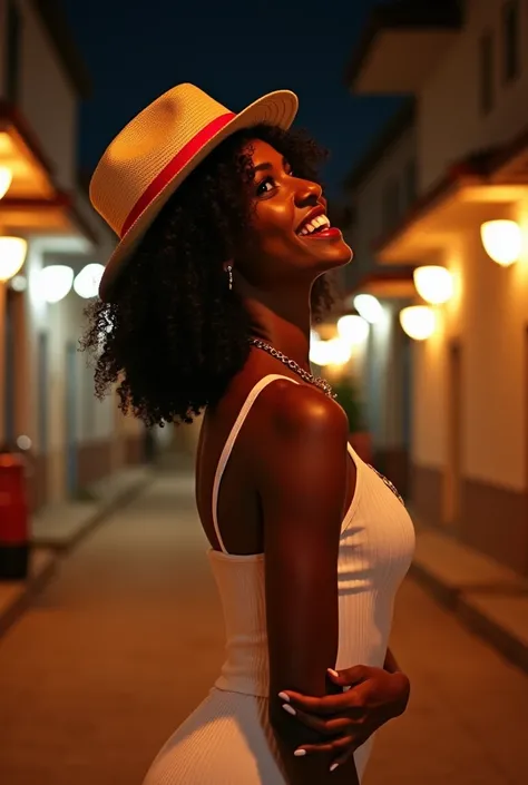 A black woman with curly hair she is dressed in white with red details she wears a Panama hat with a red stripe she has a mysterious and seductive look .  She is on a street in a favela where you can see the lights of the favela in the background turned on...