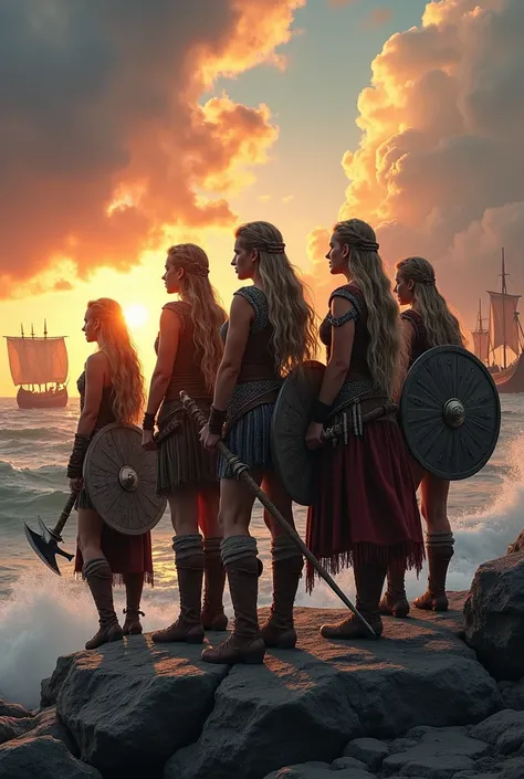 "A full-body depiction of a group of Viking girls standing on a rocky shoreline during sunset, wearing traditional Viking attire with intricate designs, fur accents, and metallic embellishments. Their braided hair is adorned with beads and decorative eleme...