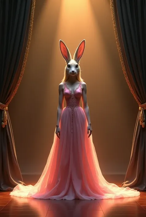 
Create an image of a graceful woman, half-human, half-rabbit, standing elegantly on the same
Agt stage. She wears a luxurious pink gown that flows gracefully, maintaining the same
texture and color. The woman’s body remains fully human, while her head is ...