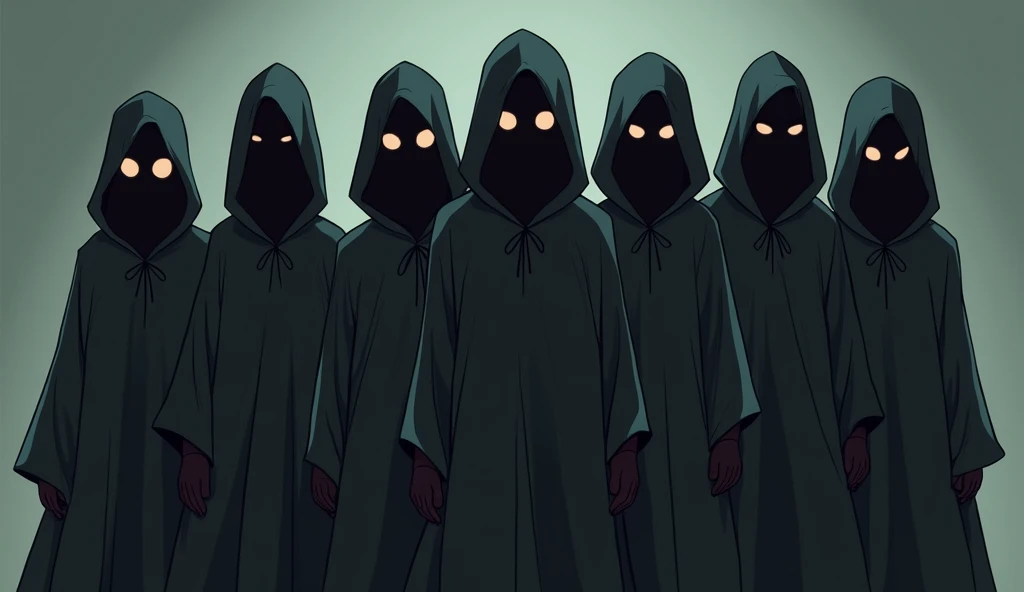 A group of 4 girls and 2 boys wearing a black dress, a black hood, black gloves, a mask covering their faces, mysterious, scary, cartoon.