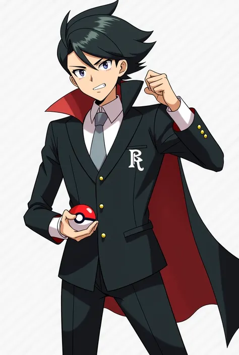 Create the image of a male Pokémon trainer with black hair , wearing black dress clothes with Team Rockets r symbol on the chest and a cape on the back. The trainer is holding a Pokéball with an angry expression on his face. The scene is dynamic, with a ne...