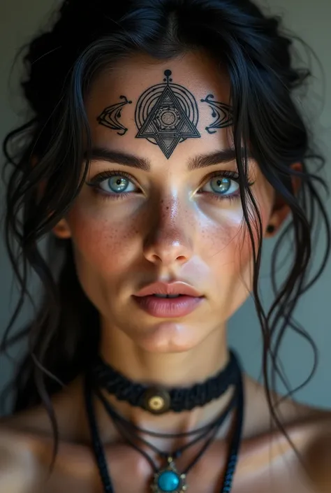 Create a hyper-realistic 8K portrait of a captivating woman with mesmerizing blue eyes, centered in a close-up frame. Her forehead is adorned with intricate sacred geometry tattoos featuring a triangular motif surrounded by concentric patterns. She has lig...