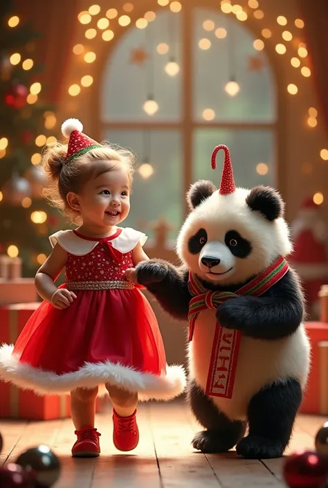 
"Create a heartwarming Christmas scene featuring a baby girl in a beautiful Christmas dress walking slowly on a stage decorated with sparkling Christmas balls, stars, and festive lights. She has a radiant smile, exuding holiday joy. Beside her, a panda is...