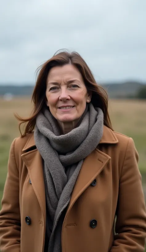 A 38-year-old woman wearing a scarf and coat, standing in an open field.