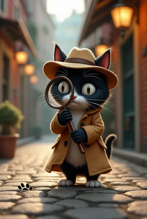 4. Cat Detective with a Magnifying Glass

A curious black-and-white cat wearing a trench coat and hat, examining tiny paw prints with a magnifying glass in a cobblestone alley.
