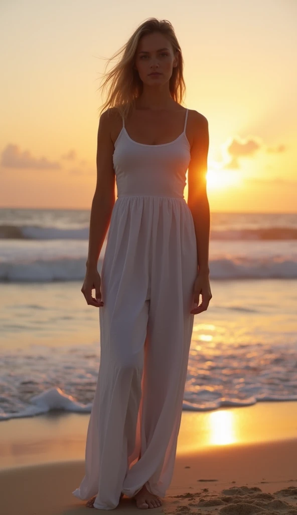 A 36-year-old woman in a simple long dress, standing on a beach at sunrise.