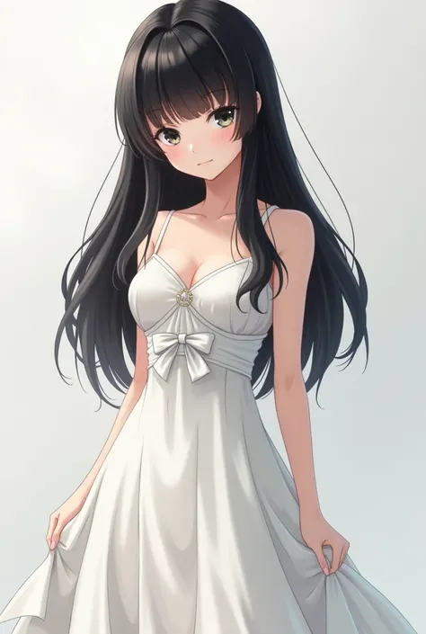 **A somewhat short girl with long black hair with side bangs that cover her left eye, a pair of deep black eyes and impeccable milk-white skin, with a bountiful chest and thighs and a great hourglass body. She wears a dress that has a "word of honor" desig...