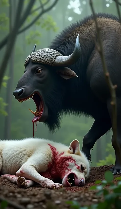 a dead white wolf blood neck injury laying on the ground and a aggressive african wild buffalo open mouth is standing with one foot on top of the white wolf.white wolf face and neck was injured is blood breaking and standing  in the  forest 