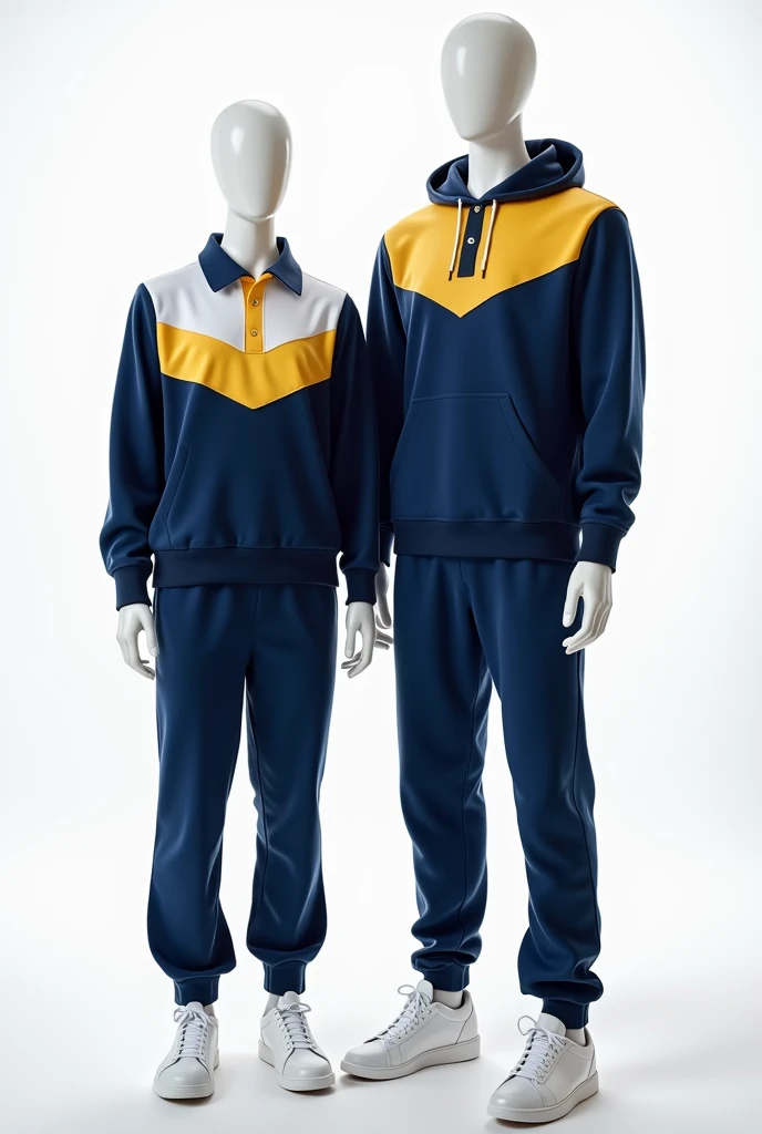  natural view of dark blue school sports uniforms and white part on the chest for men and women wearing two mannequins,  with details in yellow , The background of the photo is white or gray ,  the mans mannequin should be slightly taller than the womans a...