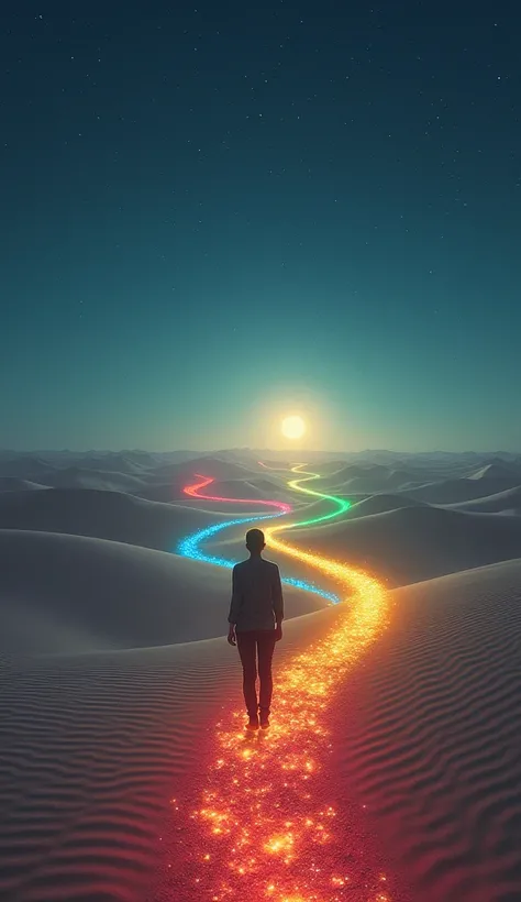  A wide view of the traveler in the desert ,  standing at a point where several paths magically appear in the sand,  each going in a different direction and getting lost in the horizon .  Each path is illuminated by a subtle color , like blue, red, green a...