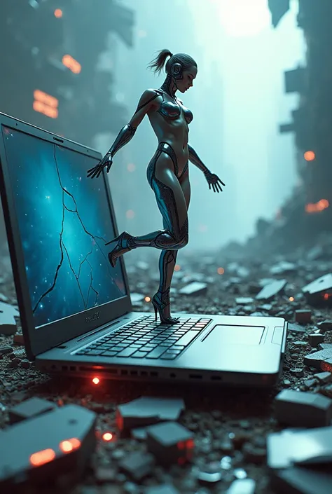  An elegant cyborg girl walks on a broken giant laptop, climbs the keys . colors :  blue and red . sexy,  high detail 