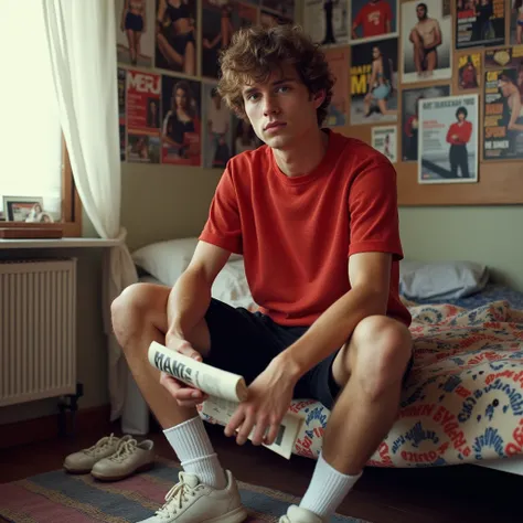  A young man sitting in a vintage room from the 90s ,  wearing a red mesh t-shirt and black shorts ,  with white socks and athletic sneakers .  He is holding a newspaper or magazine ,  looking directly at the camera with a serious expression .  The bedroom...