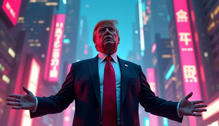 Donald Trump in a futuristic cyberpunk city, wearing a sharp suit, with neon lights in the background. He stands confidently, delivering a powerful speech to the camera."

