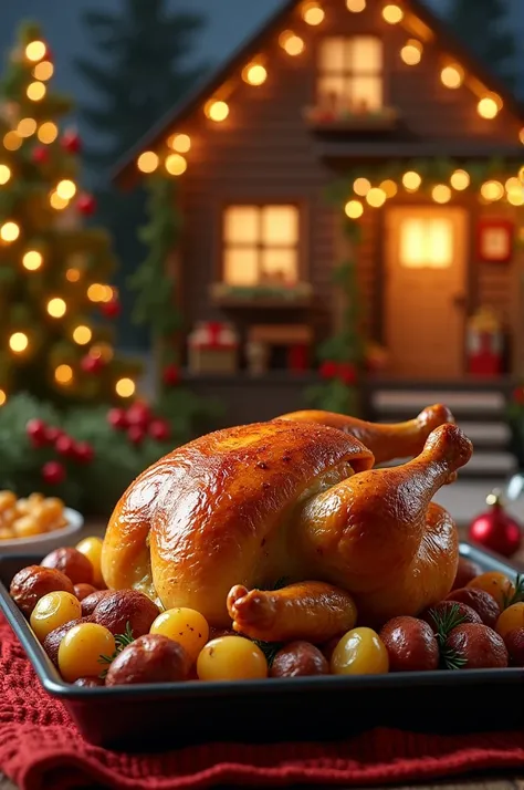  Create an image of a whole baked chicken cooked on a tray, with gourmet papines around ,  add a Christmas background to the house 