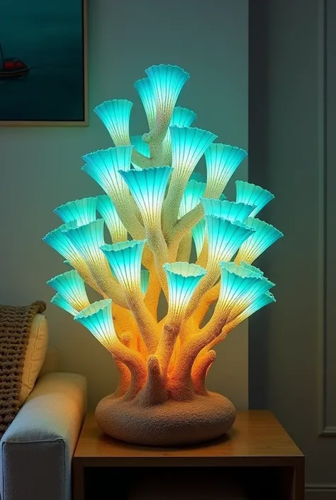 A stunning lamp inspired by bioluminescent coral reefs, showcased in a modern coastal-themed living room. The base resembles a cluster of coral branches, textured in sandy brown and orange hues, supporting jelly-like, glowing petals in translucent aqua and...