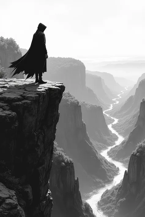  Create a picture in black and white manga style showing a man with a hooded cape, Who looks down on a valley from a mountain or cliff 