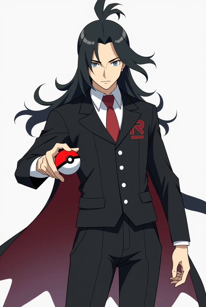 Create the image of a male Pokémon trainer with long black hair, wearing black dress clothes with Team Rockets r symbol on the chest and a cape on the back. The trainer is holding a Pokéball with a serious expression on his face . The scene is dynamic, wit...