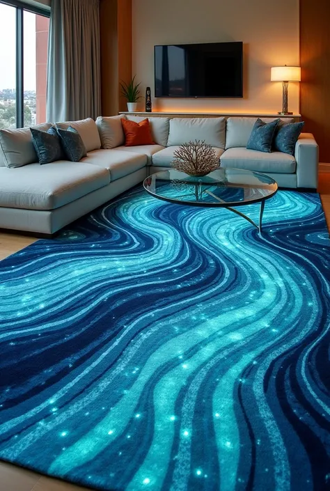 A surreal rug designed to mimic flowing ocean currents, placed in the center of a warm, modern living room. The undulating fibers in deep blue, turquoise, and pearlescent white create a sense of movement and depth. Embedded LED threads subtly glow, simulat...