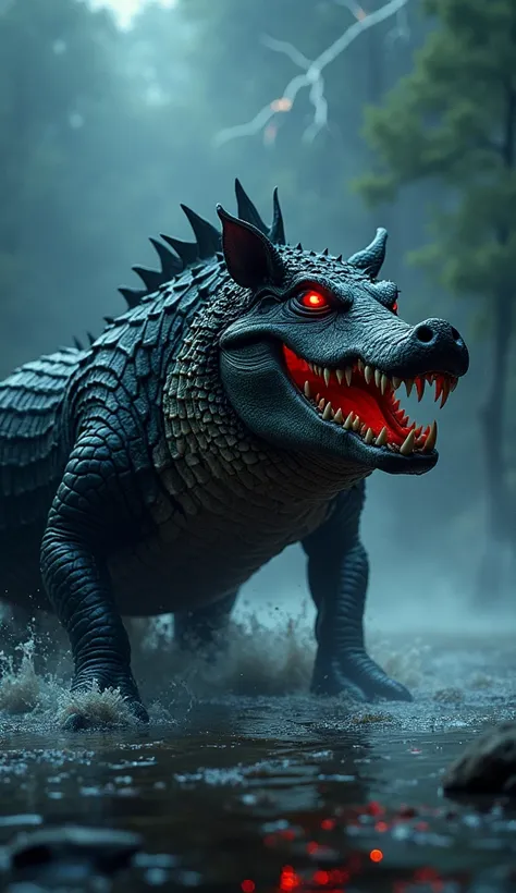 Create a dark, cinematic super hybrid fusion of a crocodile and a wild boar near the same riverbank under a stormy night sky. The hybrid creature, a monstrous blend of scaly armor and rugged fur, stands menacingly. Its glowing red eyes pierce through the d...