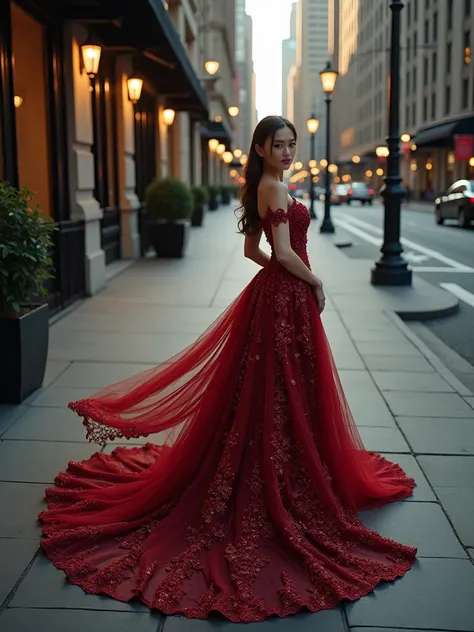 Beautiful woman in full dress, standing on the sidewalk, top view, high detail shape, cinematic style