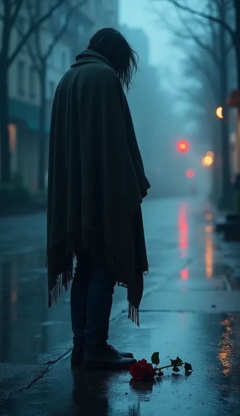 A melancholic scene of a person standing alone on a dimly lit street during a soft drizzle. The persons silhouette, wrapped in a long scarf or shawl, reflects loneliness and heartbreak. They gaze at the ground as raindrops ripple in puddles around them. A ...