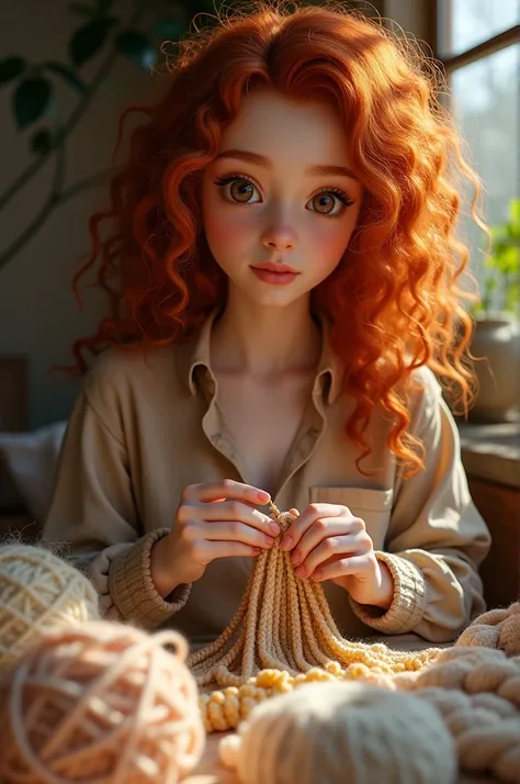  Brown-eyed redhead with very curly hair that crochets 