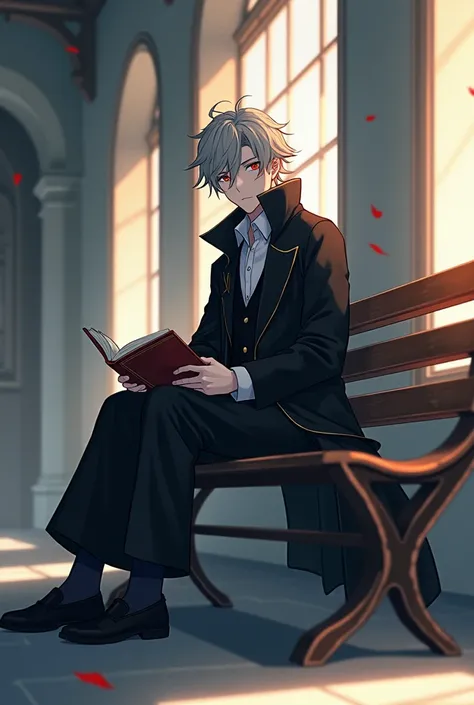 anime character sitting on a bench in a building with a book, by Yang J, inspired by Yamagata Hiro, beautiful androgynous prince, ( ( wearing a long coat ) ), delicate androgynous prince, sebastian michaelis, inspired by Okumura Masanobu, wearing a black n...