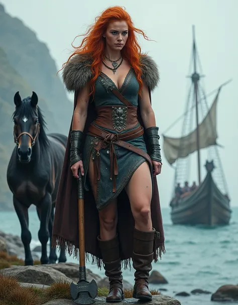 Depict a striking Viking warrior woman in her 20s, standing 6 feet tall with a muscular, toned build, a 36B bust, and 38-inch hips. Her fiery red hair flows freely around her, wild like her spirit, framing her icy blue, piercing eyes and fair sun-kissed sk...