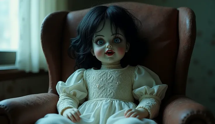  make a doll with lace dress and minute details with wavy black hair and blue eyes looking real, SITTING IN AN OLD ARMCHAIR WITH AN EVIL LAUGH IN A DARK ENVIRONMENT OF TERROR