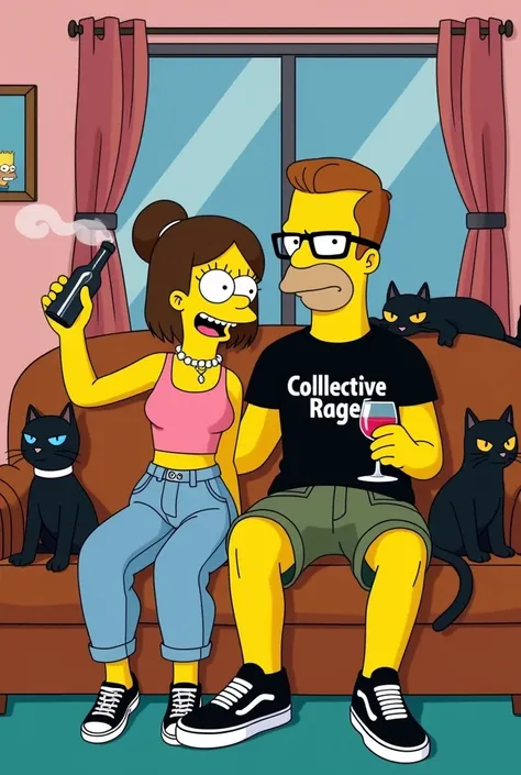 Create a picture of  customized characters I describe in The Simpsons show style. I want my characters to be 21 year old female and 20 year old male sitting on the famous Simpsons couch with their dog and two cats. Female character is very happy and a litt...