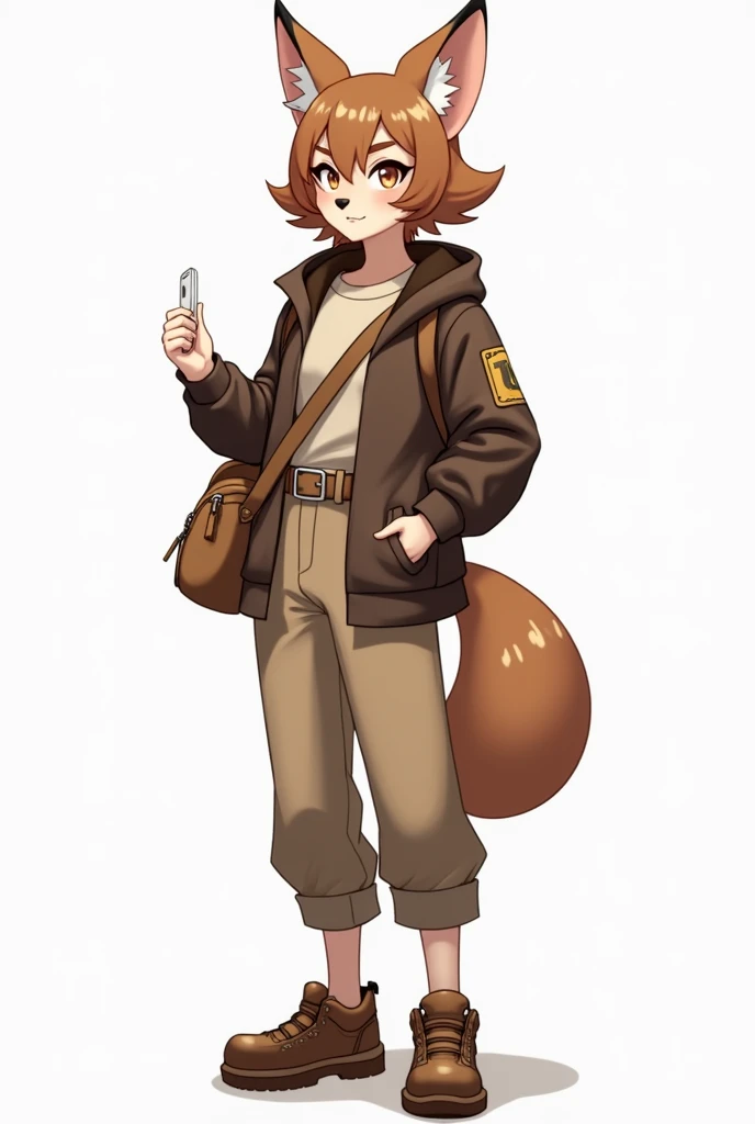  Anthropomorphic furry character of a slender female Fénec,  with short brown hair .  With accessories and casual clothes in brown with a cross bag and a backpack and bototos shoes,  wearing wide pants , short t-shirt and jacket .  digital illustration ,  ...