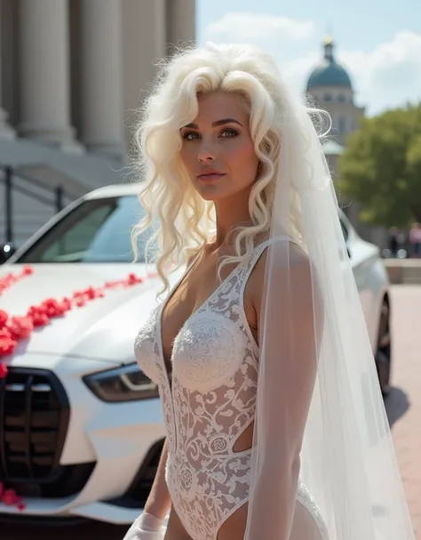 Slovian old woman 
With long white fluffy hair
A large veil from hair to ground
Big curvy breasts are huge
Dressed in a white transparent mesh bodysuit 
Old woman near a car 
Realistic white BMW M3 2024 pink wedding car with red decor, side view in front o...