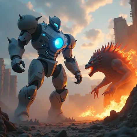 A battle between a giant, glowing robot and a fire-breathing monster in a ruined cityscape. The robot has futuristic armor with blue energy glowing from its core, while the monsters fiery breath lights up the sky. Make the scene dynamic and action-packed.